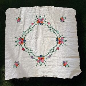 Vintage White Tablecloth 36" X 36" Embroidered Pink Blue Floral Scalloped Edge